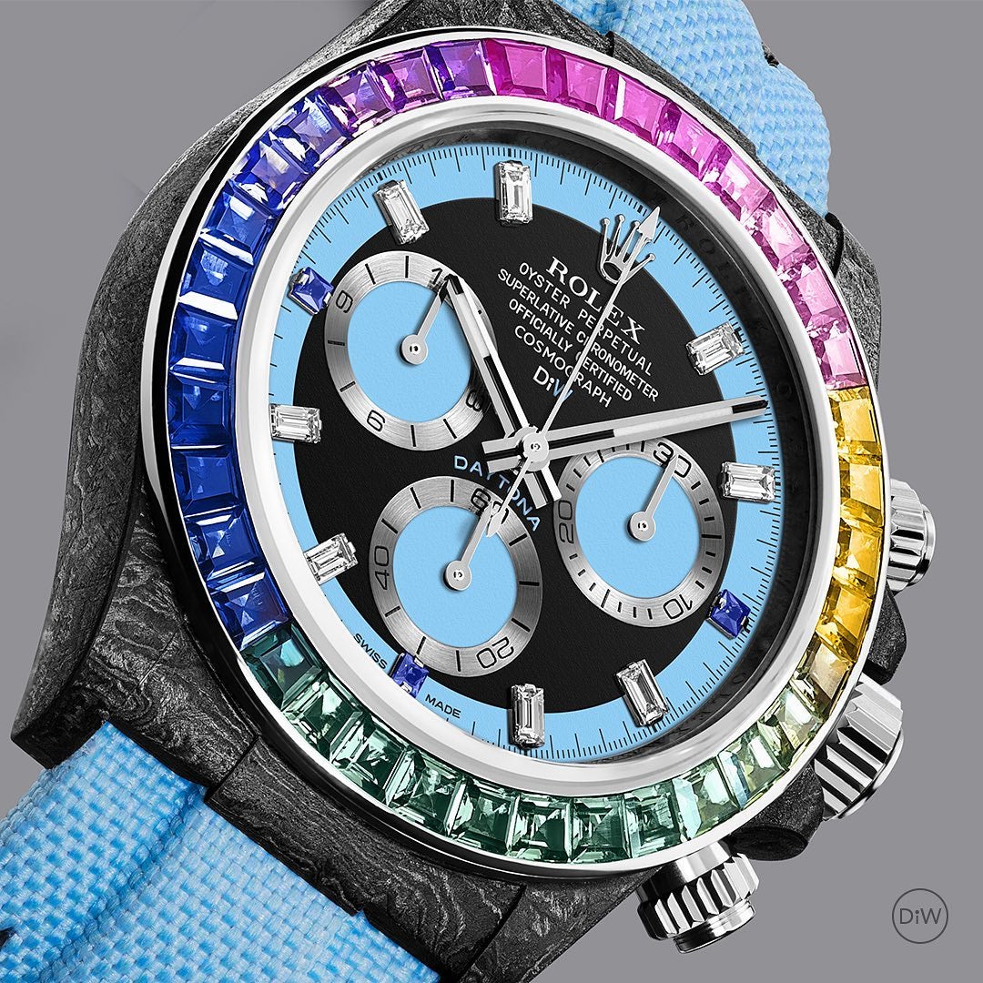 Rolex DiW Daytona RAINBOW BLUE Baguette Bezel Watch 碳纖 勞力士 地通拿 | WORLDTIMER