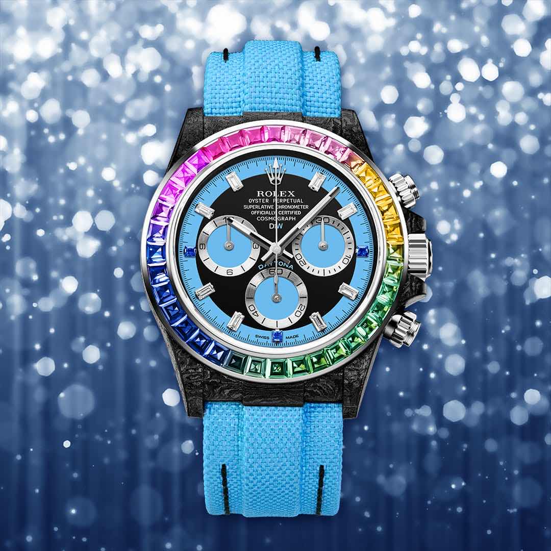 Rolex DiW Daytona RAINBOW BLUE Baguette Bezel Watch 碳纖 勞力士 地通拿 | WORLDTIMER