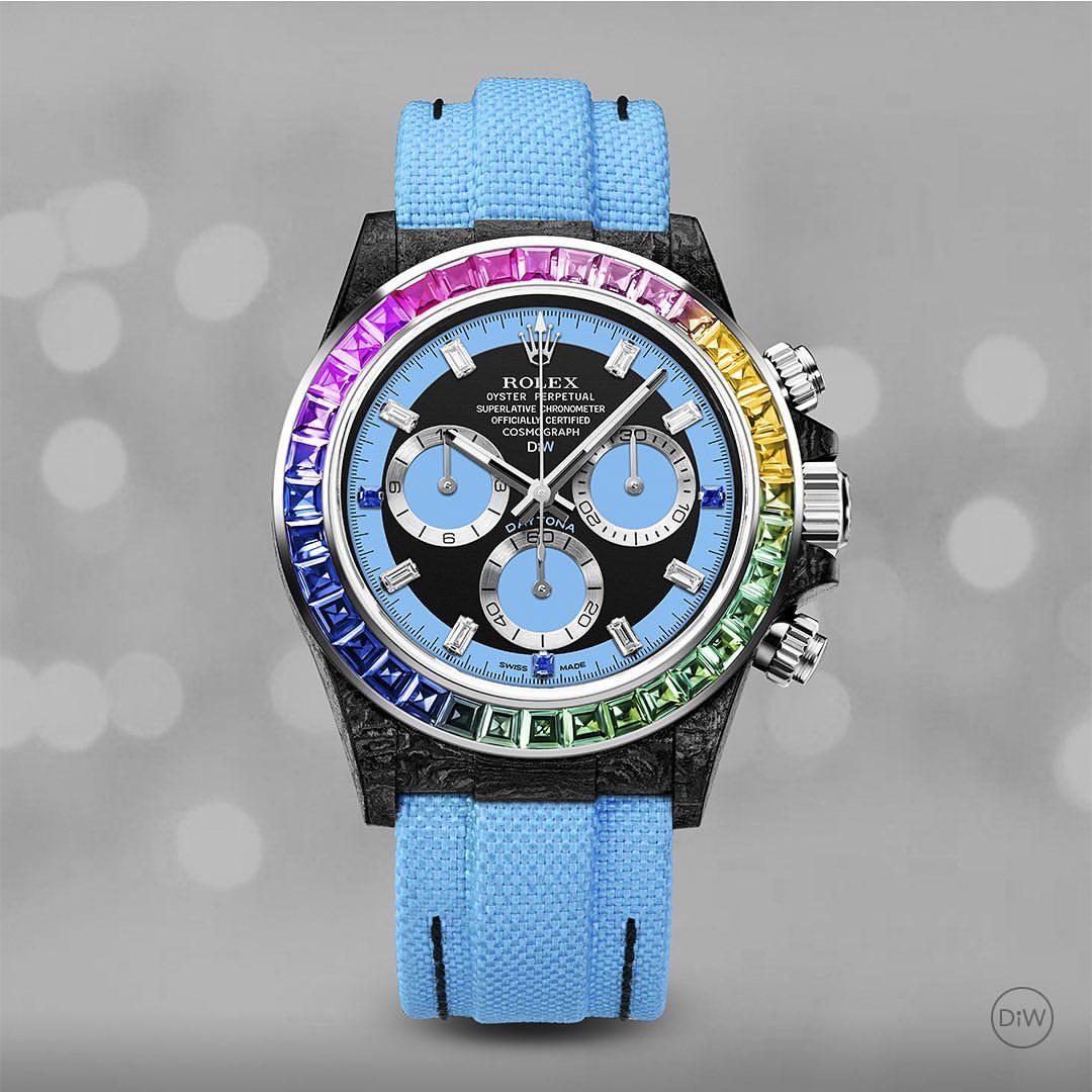 DiW Rolex Daytona RAINBOW BLUE Baguette Bezel Watch 碳纖 勞力士 地通拿 | WORLDTIMER