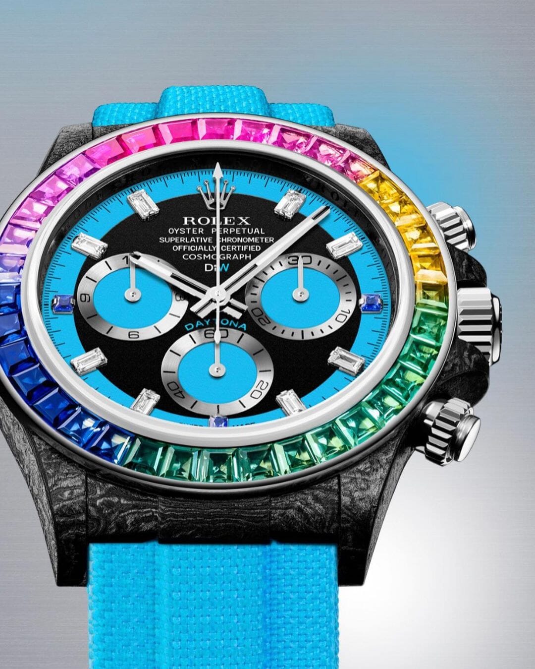 DiW Rolex Daytona RAINBOW BLUE Baguette Bezel Watch 碳纖 勞力士 地通拿 | WORLDTIMER
