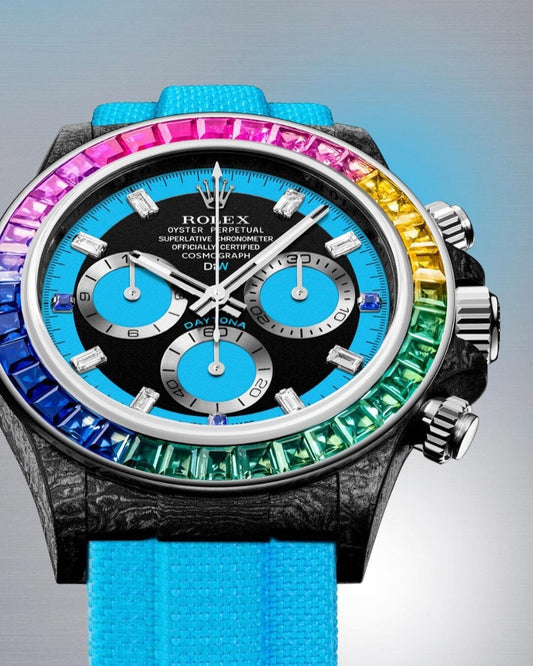DiW Rolex Daytona RAINBOW BLUE Baguette Bezel Watch 碳纖 勞力士 地通拿 | WORLDTIMER