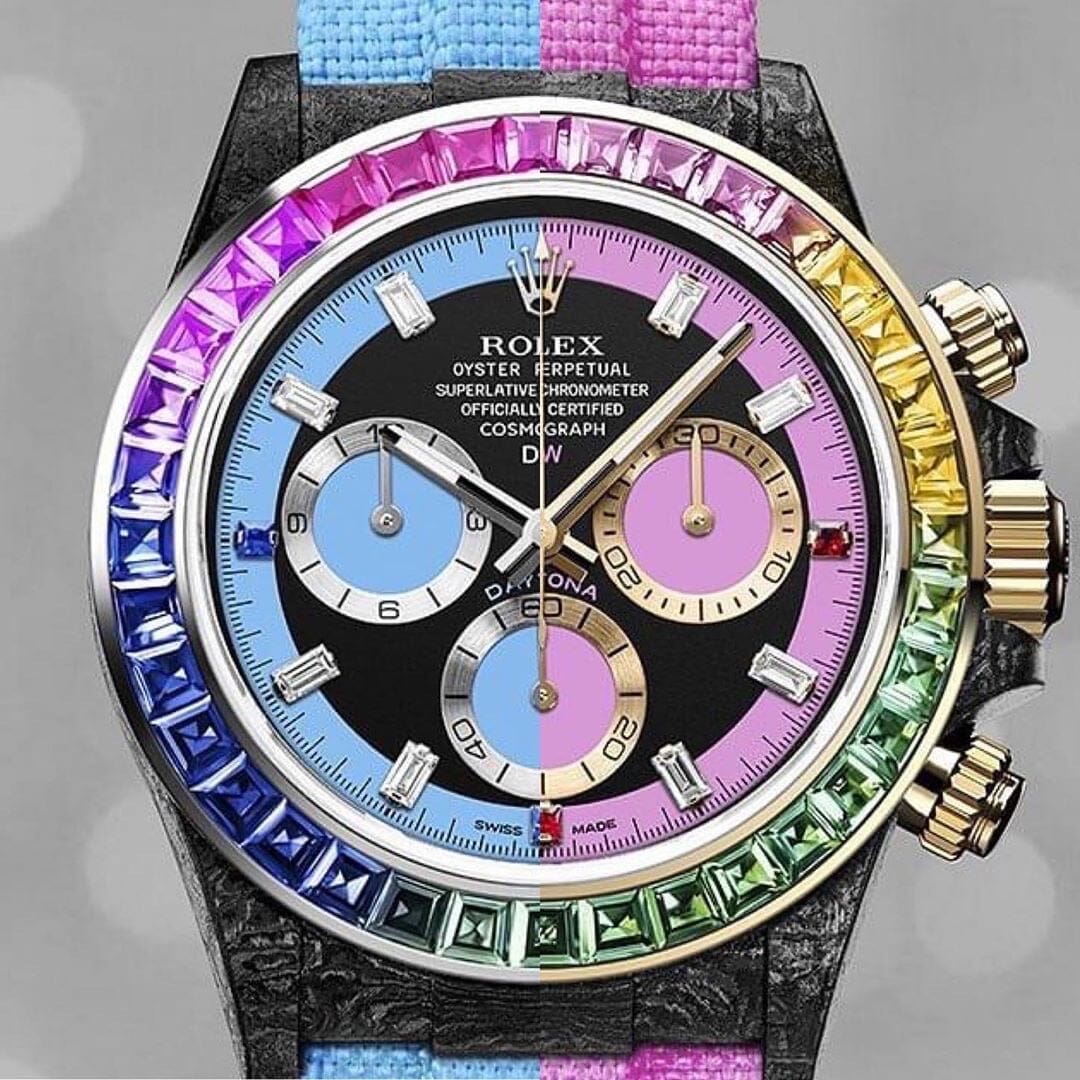 Rolex DiW Daytona RAINBOW BLUE Baguette Bezel Watch 碳纖 勞力士 地通拿 | WORLDTIMER